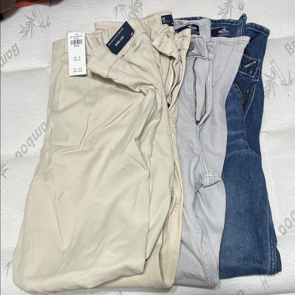 Hollister Women's Wide Leg Pants in Cream, Gray, and Blue 4 pair total